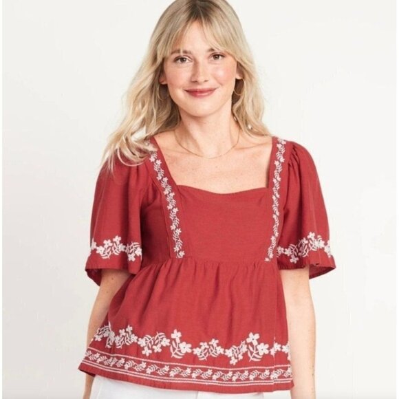 Old Navy Womens Plus XXL Tall Red Peasant Blouse Floral Embroidery Shirt Top - Picture 1 of 11